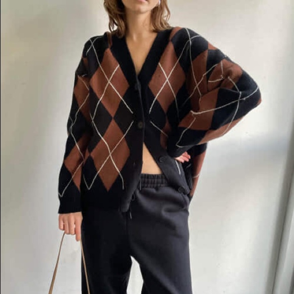 Oak and Fort Oversized Argyle Cardigan